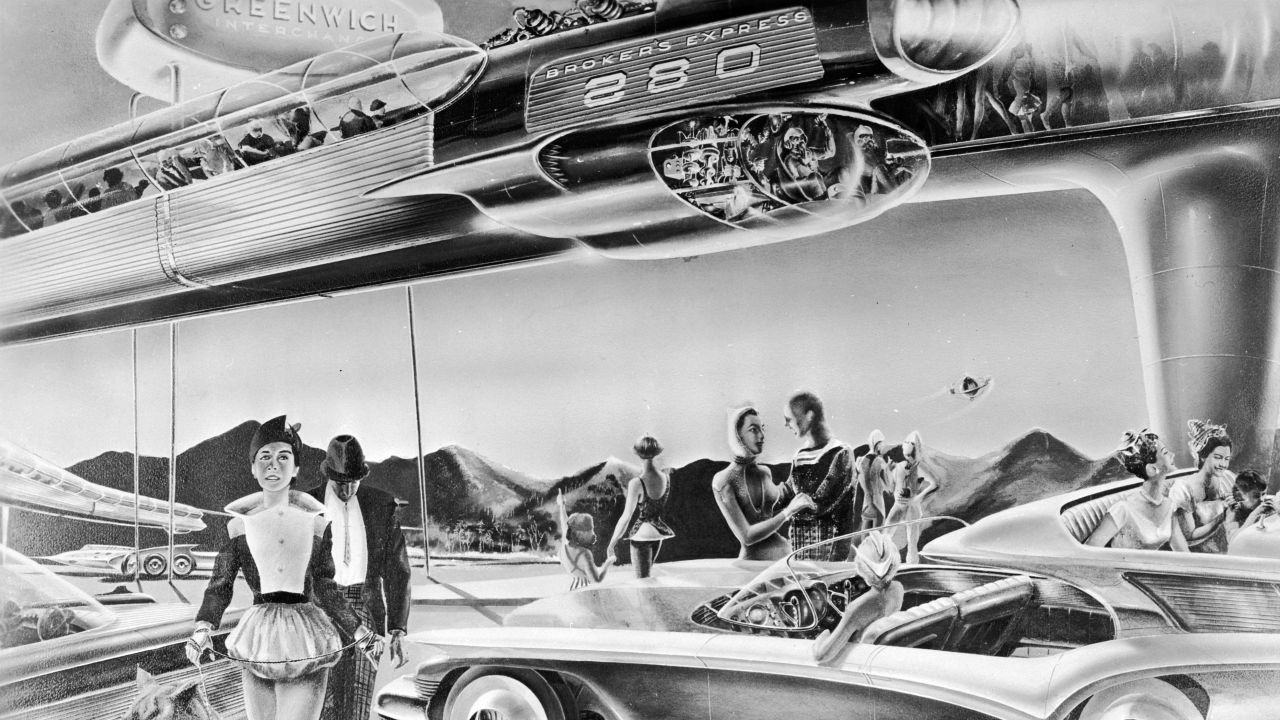 An artist's impression from 1958 of the future of commuting, featuring a monorail to transport people to and from suburbia.