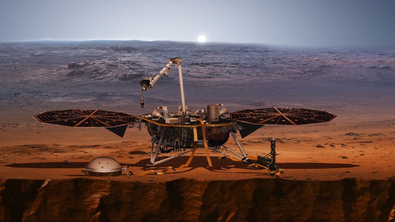 This artist's illustrationt shows the InSight lander, its sensors, cameras and instruments.