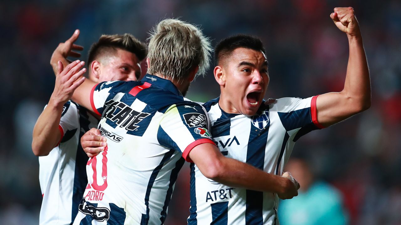 AGUASCALIENTES, MEXICO - DECEMBER 07: Rodolfo Pizarro #20 and Carlos Rodriguez #29 of Monterrey celebrate after the first goal of their team during the Semifinals second leg match between Necaxa and Monterrey as part of the Torneo Apertura 2019 Liga MX at Victoria Stadium on December 07, 2019 in Aguascalientes, Mexico. (Photo by Hector Vivas/Getty Images)