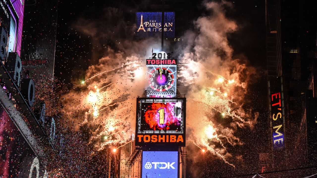 Fireworks explode in Times Square on December 31, 2018.