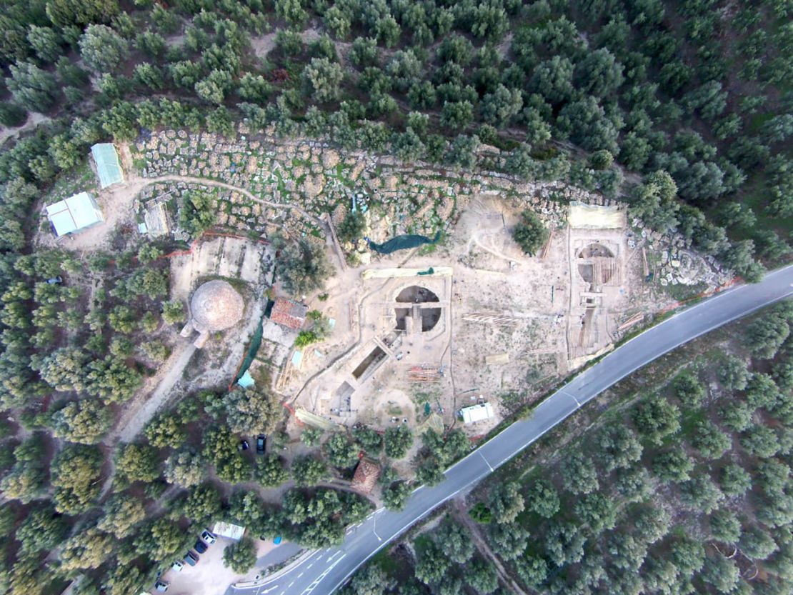 An aerial view of the site showing the two "princely" tombs beside a tomb discovered in 1939 by UC archaeologist Carl Blegen.