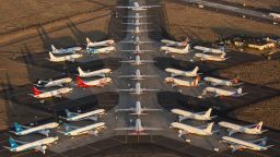 Boeing 737 MAX airplanes, along with one Boeing 787 at top, are parked at Grant County International Airport October 23, 2019 in Moses Lake, Washington.