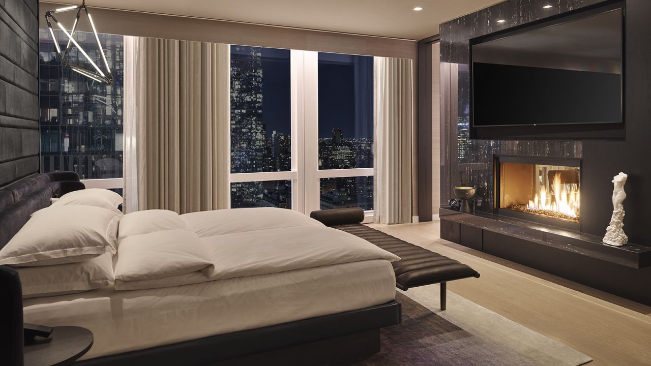 <strong>Equinox Hotel Hudson Yards, New York City: </strong> Rooms are fitted with lighting and temperature presets optimal for rest and relaxation and beds made from spring-free, organic fiber mattresses.