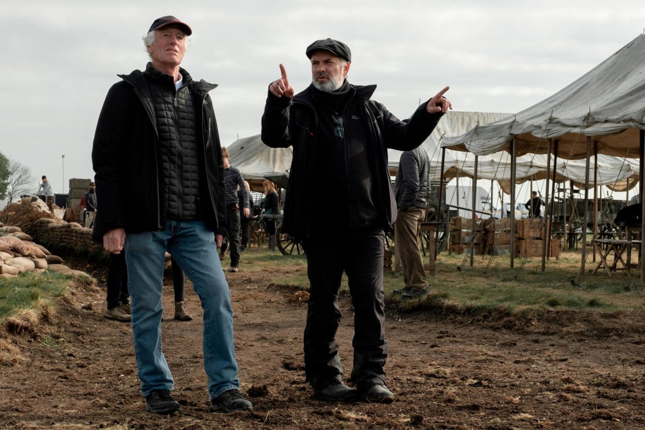 Cinematographer Roger Deakins and director Sam Mendes on the set of "1917."