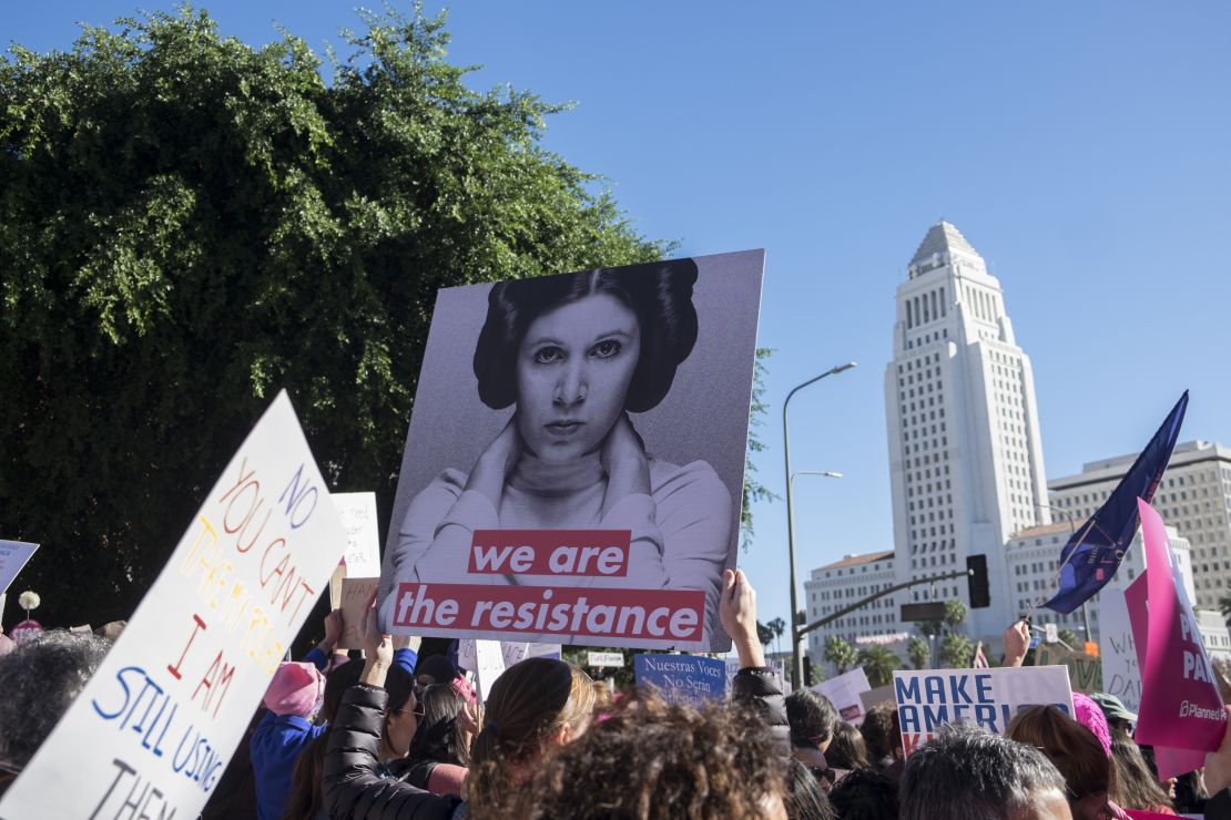 A Princess Leia sign is seen at the Women's March Los Angeles in 2018.