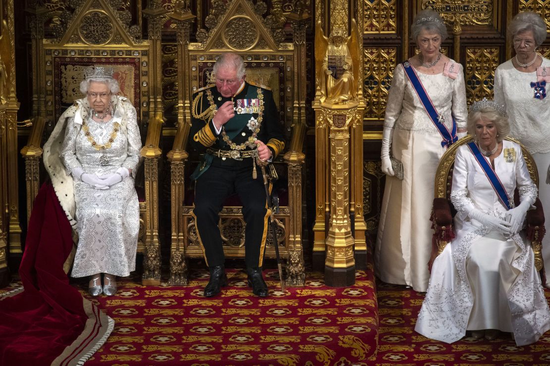 Queen Elizabeth II, Prince Charles, Prince of Wales and Camilla, Duchess of Cornwall attend the State Opening of Parliament on October 14.