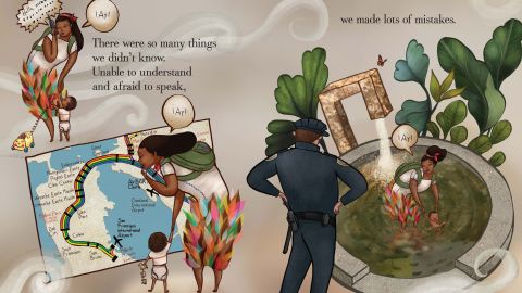 Two pages in "Dreamers" depict mistakes Morales made when she was still learning English.