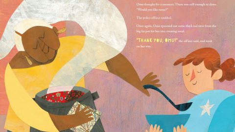 These pages from "Thank You, Omu" show the main character sharing a stew she made with a police officer in her neighborhood.