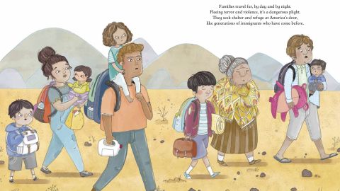 These pages from "Our American Dream," written by Fiona McEntee and illustrated by Srimalie Bassani, show families seeking refuge in the United States. "I can see parallels between the migrants at the border and between the Irish immigrants of yesteryear," McEntee says.