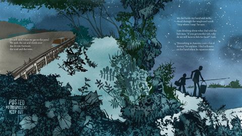 In these pages from "A Different Pond," written by Bao Phi and illustrated by Thi Bui, a young boy asks his father why they have to fish for food. "Everything in America costs a lot of money," the father replies.