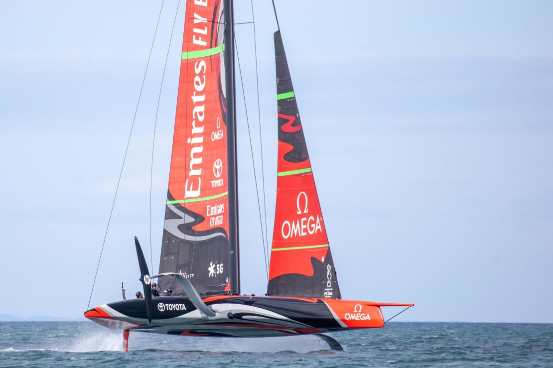 Emirates Team New Zealand's AC75 "Te Aihe" sailing on Waitemata Harbour in Auckland, New Zealand.