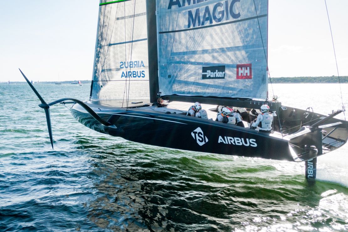 American Magic sailing its AC75 "Defiant" on Narragansett Bay.