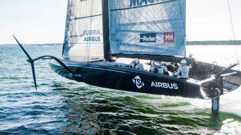 American Magic sailing its AC75 "Defiant" on Narragansett Bay.