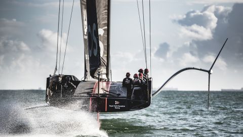 INEOS Team UK tests its AC75 "Britannia" on the waters of the Solent in southern England.