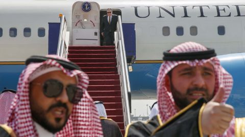 US Secretary of State Mike Pompeo exits a plane upon his arrival in the Saudi Red Sea city of Jeddah in June 2019.