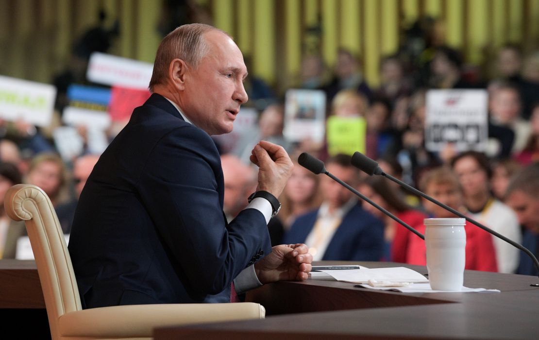 Russian President Vladimir Putin speaking during his annual press conference in Moscow.