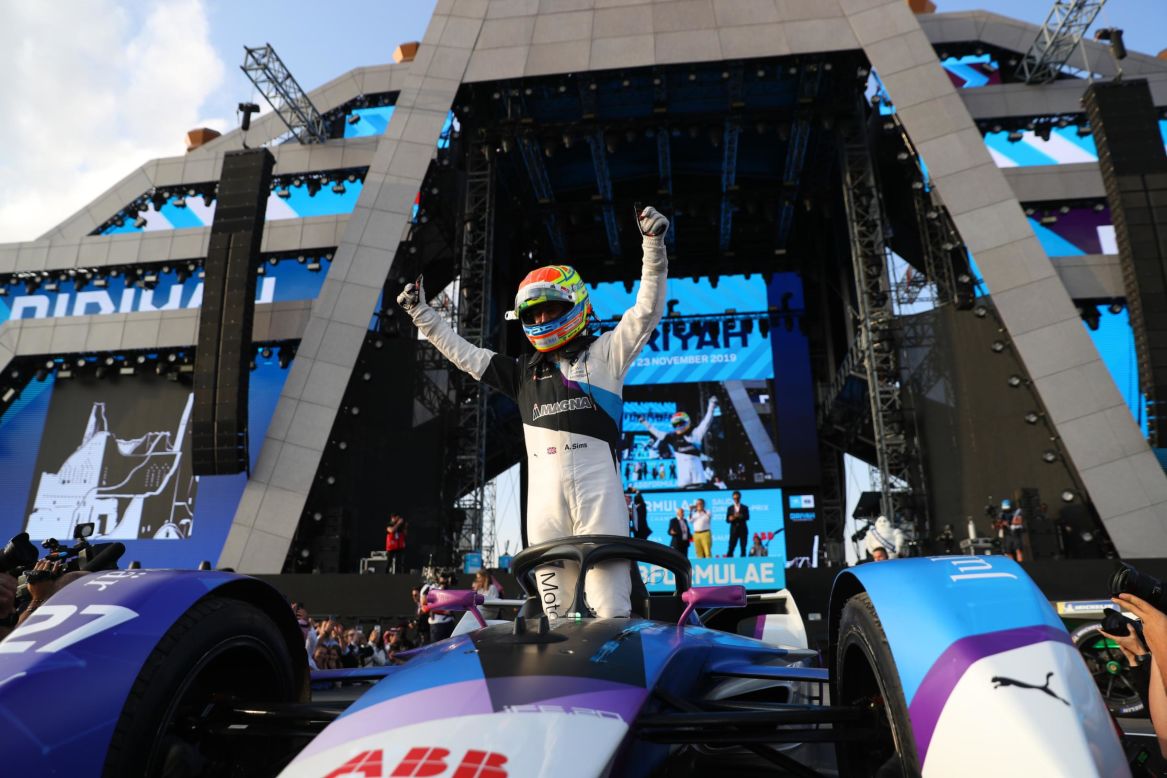 BMW's Sims celebrates following his maiden Formula E victory.