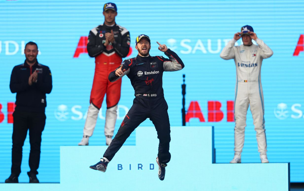 Sam Bird celebrates after winning the first race of the Formula E Championship.