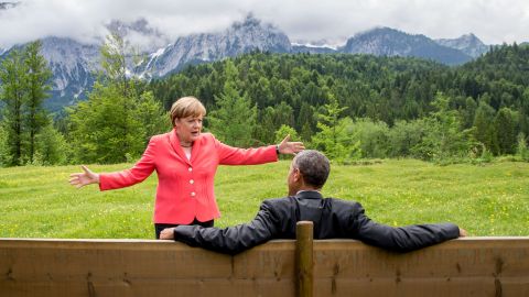 German Chancellor Angela Merkel <a href="http://www.cnn.com/2015/06/08/politics/barack-obama-angela-merkel-photo-germany-mountains/" target="_blank">talks with US President Barack Obama</a> near the Bavarian Alps in June 2015. Obama and other world leaders were in Germany for the annual G7 summit.