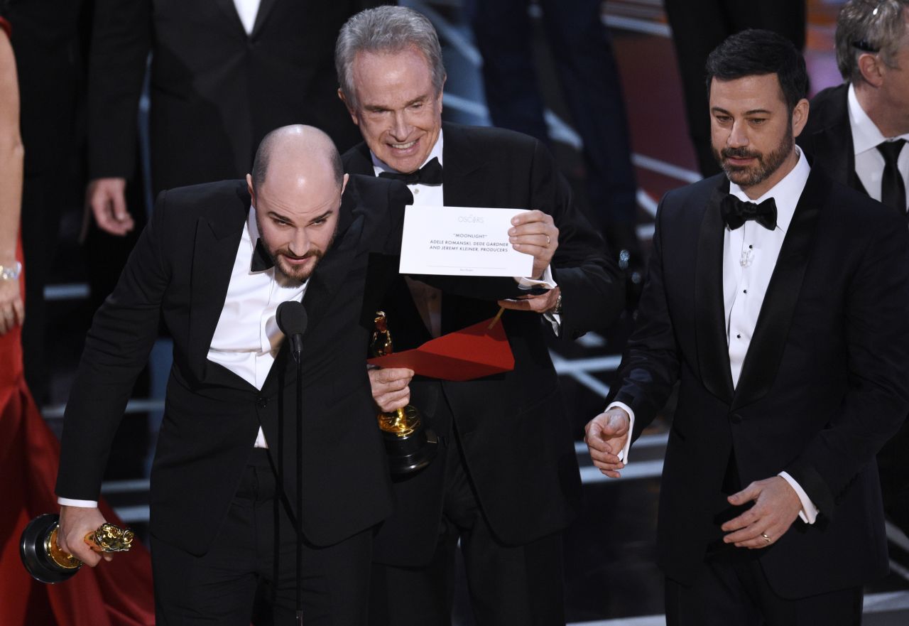 "La La Land" producer Jordan Horowitz holds up a card at the 2017 Academy Awards, proving that there was a mistake and that "Moonlight" had actually won the Oscar for best picture. "La La Land" was initially announced as the winner, but presenter Warren Beatty explained to the crowd that he was given the wrong envelope. <a href="http://www.cnn.com/2017/02/27/entertainment/gallery/oscar-announcement-mistake/index.html" target="_blank">See how the scene unfolded</a>