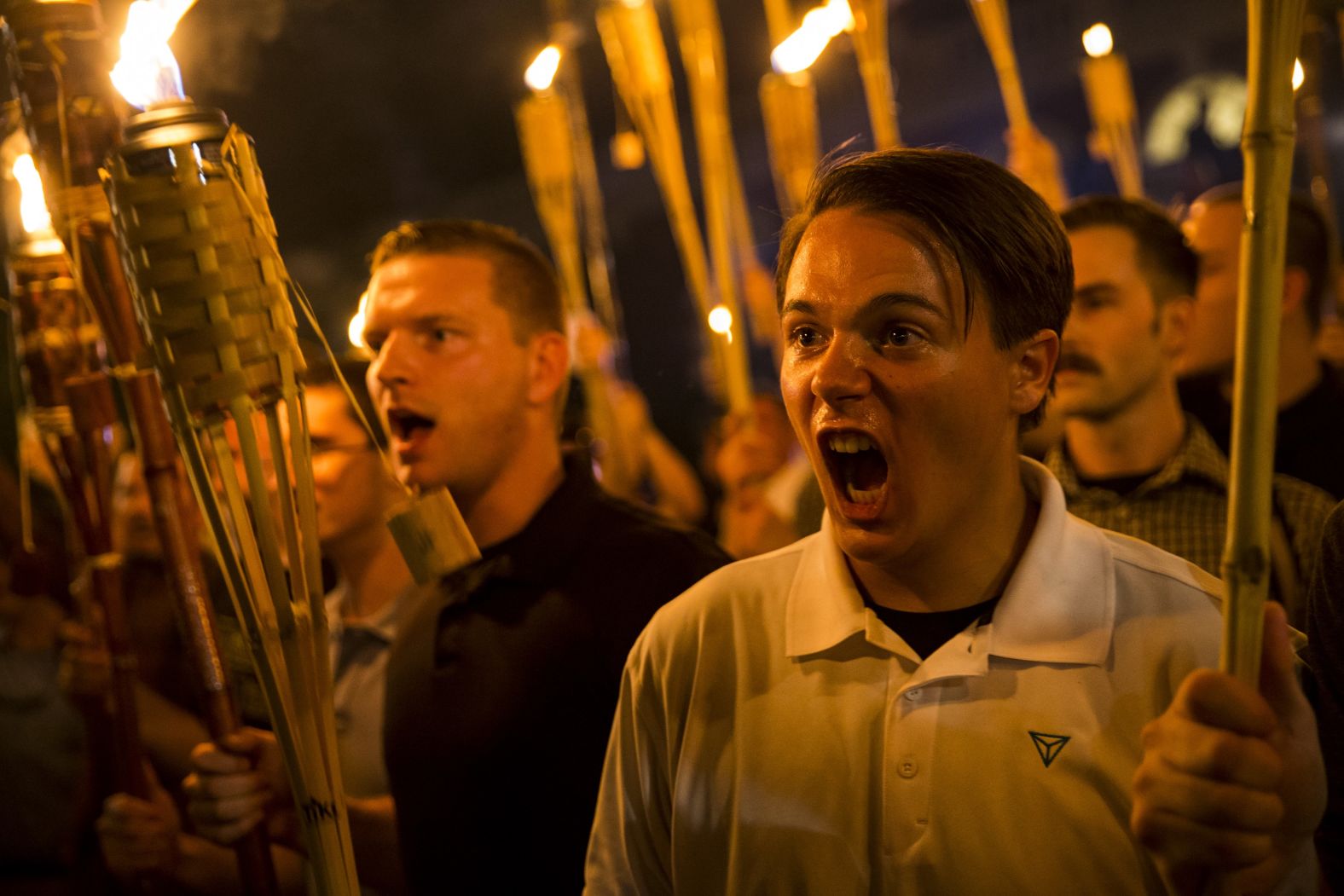 White nationalists chant at counterprotesters after marching through the University of Virginia's Charlottesville campus in August 2017. Chanting "blood and soil" and "you will not replace us," <a href="https://www.cnn.com/2017/08/12/us/charlottesville-white-nationalists-rally/index.html" target="_blank">the group rallied around a statue of Thomas Jefferson</a> before clashing with the counterprotesters, CNN affiliate WWBT reported. Charlottesville became <a href="https://www.cnn.com/2017/08/11/us/charlottesville-white-nationalists-rally-why/index.html" target="_blank">the latest Southern battleground </a>over the contested removal of Confederate monuments. In February 2017, the city council voted to remove a statue of Confederate Gen. Robert E. Lee. The council also voted to rename two city parks that had been named for Confederate generals.