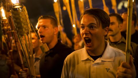 White nationalists chant at counterprotesters after marching through the University of Virginia's Charlottesville campus in August 2017. Chanting "blood and soil" and "you will not replace us," <a href="https://www.cnn.com/2017/08/12/us/charlottesville-white-nationalists-rally/index.html" target="_blank">the group rallied around a statue of Thomas Jefferson</a> before clashing with the counterprotesters, CNN affiliate WWBT reported. Charlottesville became <a href="https://www.cnn.com/2017/08/11/us/charlottesville-white-nationalists-rally-why/index.html" target="_blank">the latest Southern battleground </a>over the contested removal of Confederate monuments. In February 2017, the city council voted to remove a statue of Confederate Gen. Robert E. Lee. The council also voted to rename two city parks that had been named for Confederate generals.