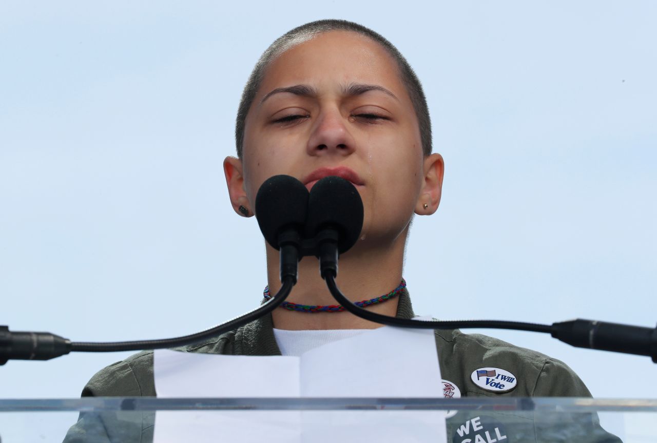 Emma Gonzalez, a survivor of the school shooting in Parkland, Florida, becomes emotional as she speaks during <a href="https://www.cnn.com/interactive/2018/03/us/march-for-our-lives-cnnphotos/" target="_blank">March for Our Lives,</a> a March 2018 protest that called for stricter gun-control legislation. She stood on a stage in Washington for what was the length of the gunman's shooting spree. "Six minutes and about 20 seconds," she said. "In a little over six minutes, 17 of our friends were taken from us, 15 were injured and everyone in the Douglas community was forever altered." 