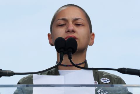 Emma Gonzalez, a survivor of the school shooting in Parkland, Florida, becomes emotional as she speaks during <a href="https://www.cnn.com/interactive/2018/03/us/march-for-our-lives-cnnphotos/" target="_blank">March for Our Lives,</a> a March 2018 protest that called for stricter gun-control legislation. She stood on a stage in Washington for what was the length of the gunman's shooting spree. "Six minutes and about 20 seconds," she said. "In a little over six minutes, 17 of our friends were taken from us, 15 were injured and everyone in the Douglas community was forever altered." 