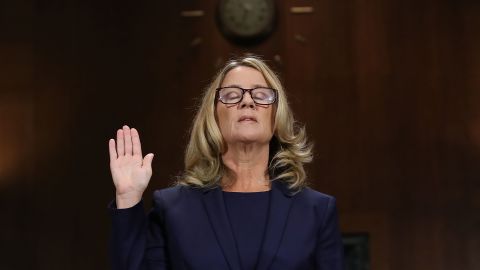 Christine Blasey Ford, who accused US Supreme Court nominee Brett Kavanaugh of sexual assault, is sworn in before testifying to the Senate Judiciary Committee in September 2018. She and Kavanaugh <a href="https://www.cnn.com/2018/09/27/politics/gallery/kavanaugh-ford-hearing/index.html" target="_blank">both gave emotional statements to the committee</a> and took questions from its members. Ford said the incident took place in the 1980s, when the two were at a party during their high-school years. Kavanaugh repeatedly denied the allegation and said he was facing a politically motivated "smear campaign." <a href="https://www.cnn.com/interactive/2018/10/politics/timeline-kavanaugh/" target="_blank">He was sworn in a month later</a> after being confirmed by a vote of 50-48.