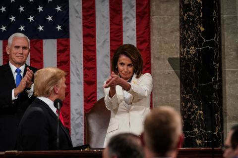 House Speaker Nancy Pelosi and Vice President Mike Pence clap during President Donald Trump's <a href="https://www.cnn.com/2019/02/05/politics/gallery/state-of-the-union-2019/index.html" target="_blank">State of the Union address</a> in February 2019. Because of a record-long government shutdown, Trump's speech came a week later than originally planned.