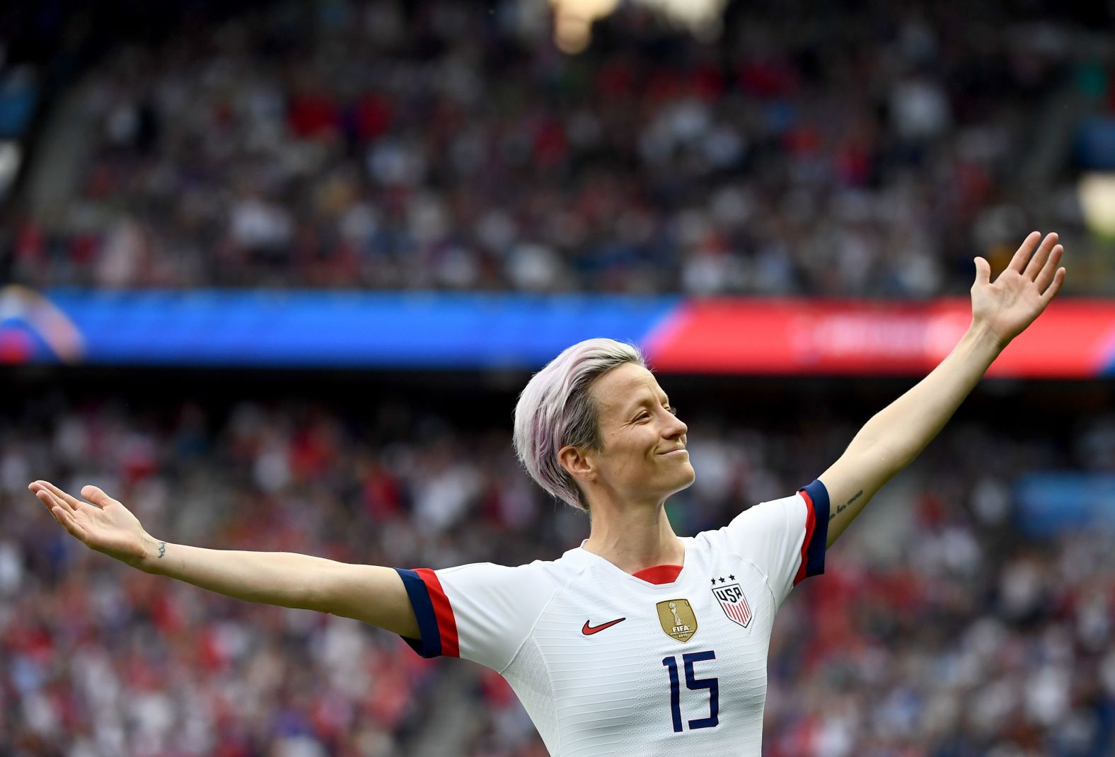US soccer player Megan Rapinoe celebrates her first of two goals in the World Cup quarterfinal win over France in June 2019. Rapinoe scored a tournament-high six goals as the Americans <a href="https://www.cnn.com/2019/07/03/football/gallery/uswnt-world-cup-2019/index.html" target="_blank">won their second straight World Cup title.</a>