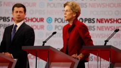 Elizabeth Warren participates in the Decmocratic debate co-hosted by Politico and PBS Newshour in Los Angeles, California, on Thursday, December 19.