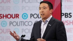 LOS ANGELES, CALIFORNIA - DECEMBER 19: Democratic presidential candidate former tech executive Andrew Yang  speaks during the Democratic presidential primary debate at Loyola Marymount University on December 19, 2019 in Los Angeles, California. Seven candidates out of the crowded field qualified for the 6th and last Democratic presidential primary debate of 2019 hosted by PBS NewsHour and Politico. (Photo by Justin Sullivan/Getty Images)