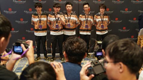 Dota 2 players of team RNG posing for a group photo during the International Dota 2 Championships in Shanghai on August 19.