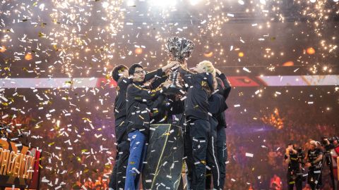 FunPlus Phoenix lift the League of Legends Summoner's Cup following victory in the 2019 League of Legends World Championships at AccorHotels Arena on November 10 in Paris, France.