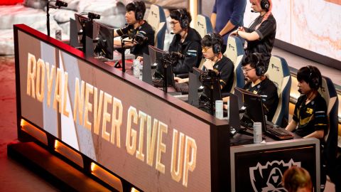 The esport team RNG (Royal Never Give Up) before competing in the group phase of the esport "League of Legends" World Championship at the Verti Music Hall in Berlin, Germany in October 2019.