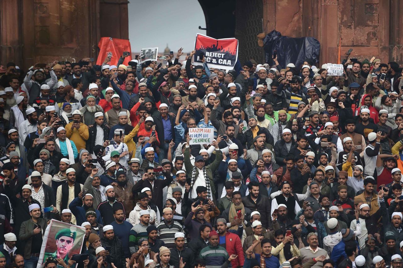 Protesters gather by the Jama Masjid mosque in New Delhi to demonstrate against India's new citizenship law on Friday, December 20.
