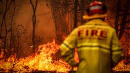 SYDNEY, AUSTRALIA - DECEMBER 19: A Fire and Rescue personal watches a bushfire as it burns near homes on the outskirts of the town of Bilpin on December 19, 2019 in Sydney, Australia.   (Photo by David Gray/Getty Images)