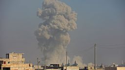 This picture taken on December 19, 2019 shows a smoke plume billowing following a reported Russian air strike in the town of Saraqib in the northwestern Idlib province. (Photo by Omar HAJ KADOUR / AFP) (Photo by OMAR HAJ KADOUR/AFP via Getty Images)