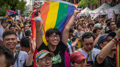 People celebrate after Taiwan's Parliament voted to legalize same-sex marriage on May 17, 2019 in Taipei.