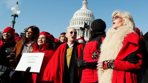Jane Fonda marches at her 11th climate change protest, a day before her 82nd birthday. Gloria Steinem and the Rev. William Barber delivered speeches.