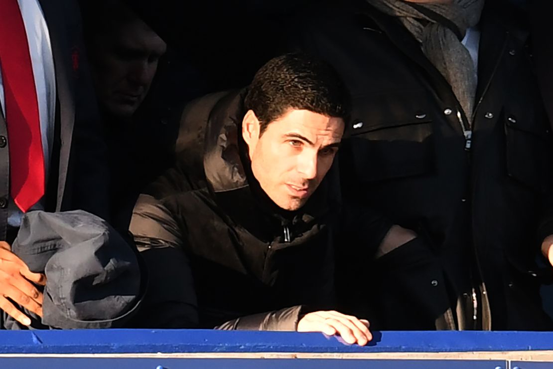 Mikal Arteta looks on from the director's box as Arsenal took on Everton at Goodison Park. 