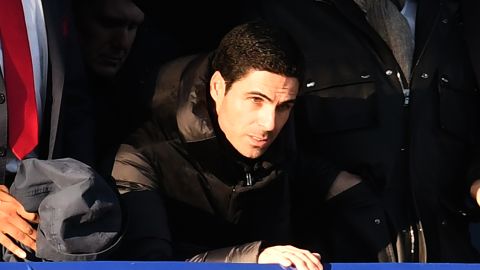 Mikal Arteta looks on from the director's box as Arsenal took on Everton at Goodison Park.