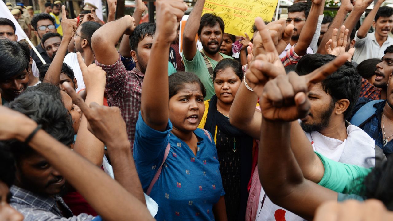 People take part in a protest against India's new citizenship law in Chennai on December 21, 2019.
