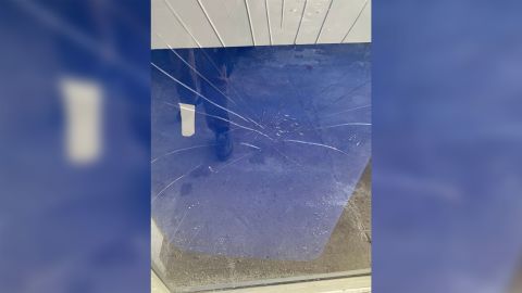 Broken glass seen at the Darul Iman mosque in St. Paul, Minnesota.