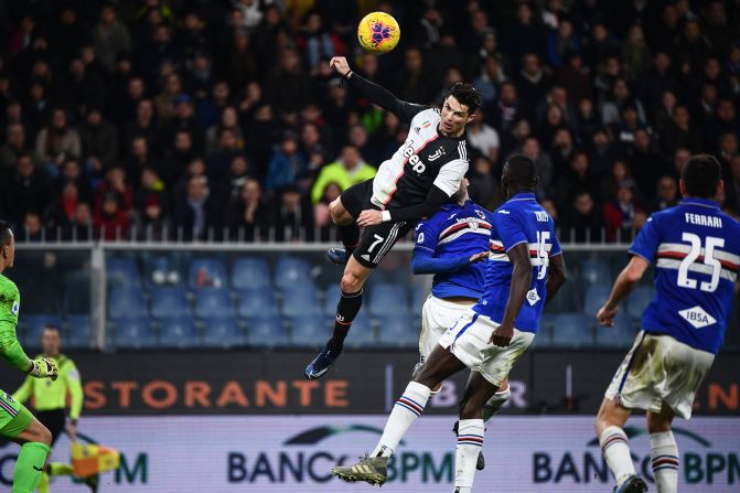 Juventus' Cristiano Ronaldo scores a header during an Italian Serie A match against Sampdoria in Genoa, Italy, on Wednesday, December 18.<a href="index.php?page=&url=https%3A%2F%2Fedition.cnn.com%2F2019%2F12%2F19%2Ffootball%2Fcristiano-ronaldo-header-juventus-sampdoria-serie-a%2Findex.html" target="_blank"> Ronaldo launched himself two-and-a-half meters into the air for a winning 2-1 victory.</a>