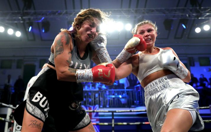 Shannon Courtenay, right, exchanges punches with Buchra El Quaissi during a bantamweight boxing match at York Hall in London on December 19. 