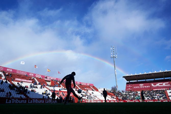 A rainbow appears over the Estadio Carlos Belmonte Stadium in Albacete, Spain, prior to a soccer match on December 21.