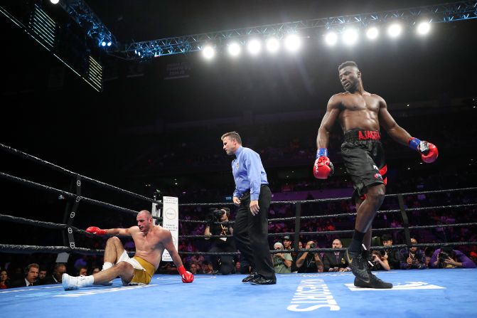 Nigeria's Efe Ajagba walks off after defeating veteran Iago kiladze of Georgia during their heavy-weight fight in Ontario, California, on Saturday, December 21. 