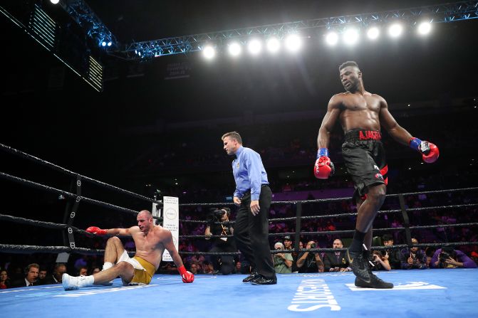 Nigeria's Efe Ajagba walks off after defeating veteran Iago kiladze of Georgia during their heavy-weight fight in Ontario, California, on Saturday, December 21.